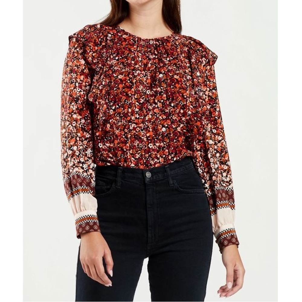 Marie Oliver Brown Cream Baker Blouse in Floral Scarf Sz XS